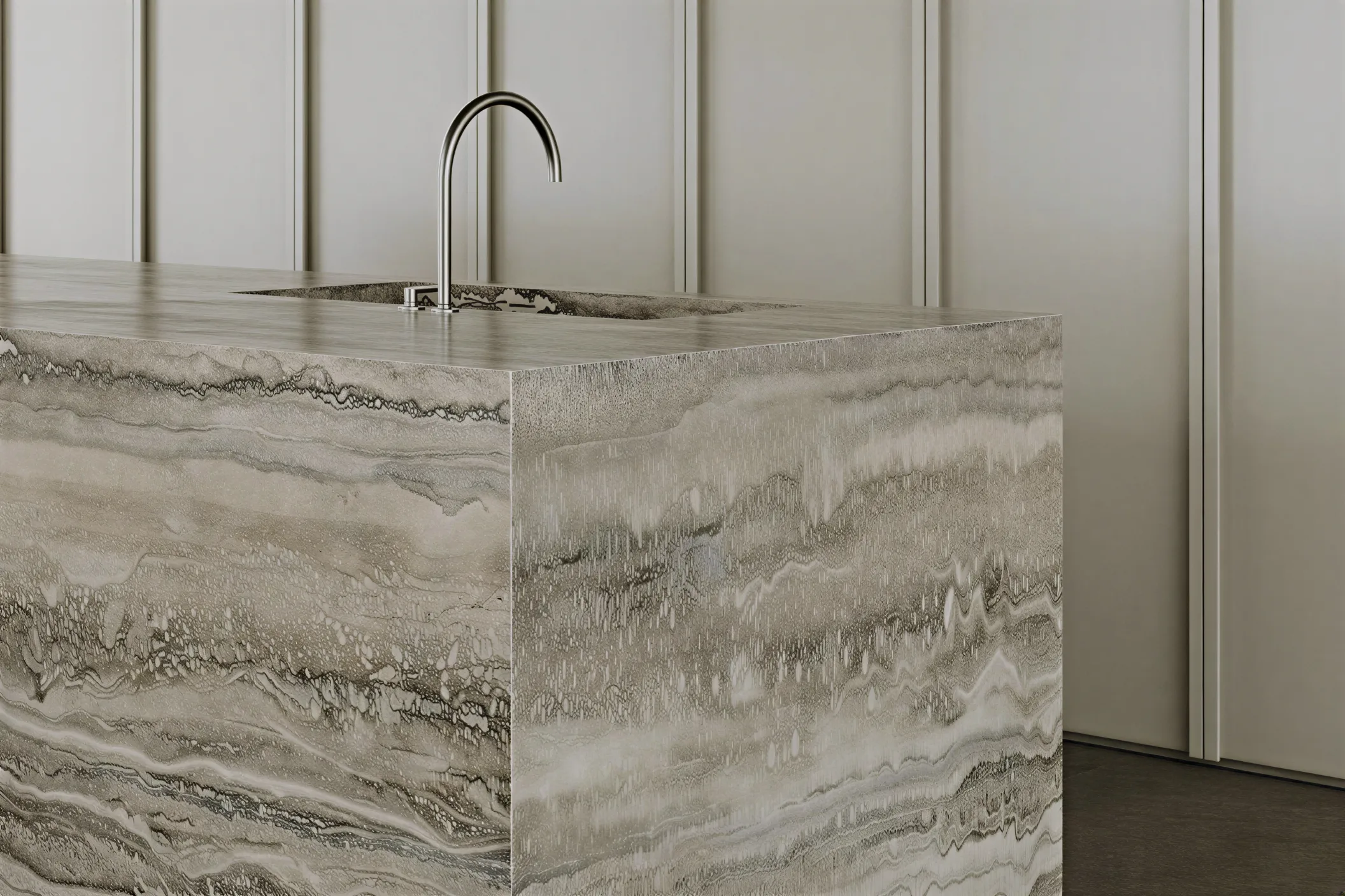 Stone material study showing slab scale and surface applications