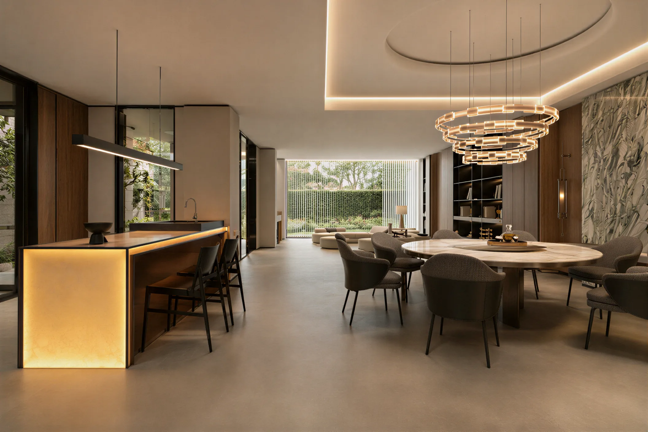 Villa interior connected to an outdoor terrace and landscape
